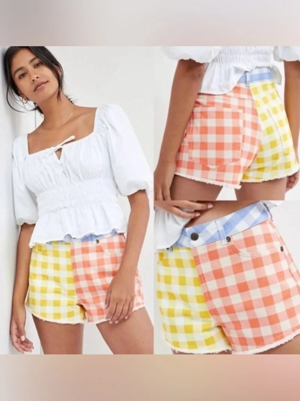 NWT FARM Rio Pastel Gingham Colorblock Denim Shorts - Yellow, Coral & Light Blue